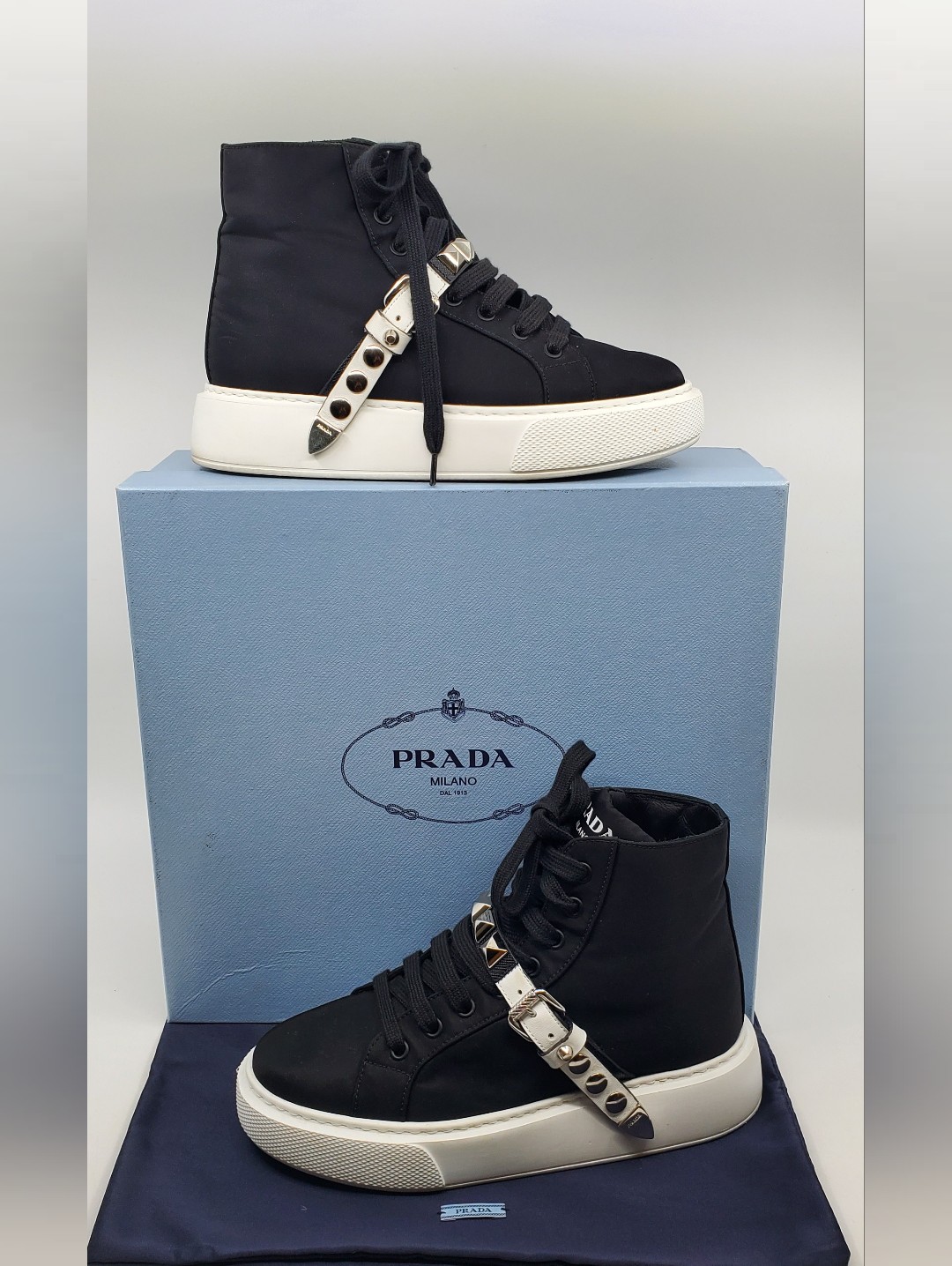 Prada Nylon Gabardine Studded High Top Sneakers